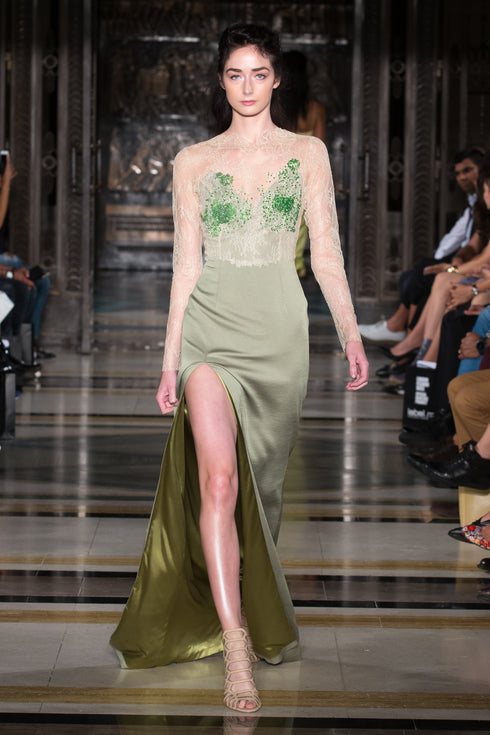 EMBROIDED FRENCH LACE-SILK DRESS WITH SLIT DETAIL - Barrus London